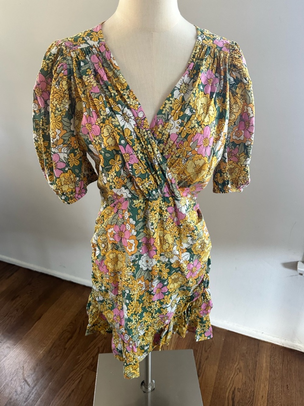 Rahi x Anthropologie Floral Mini Dress L Green Yellow Pink V Neck Puff Sleeve